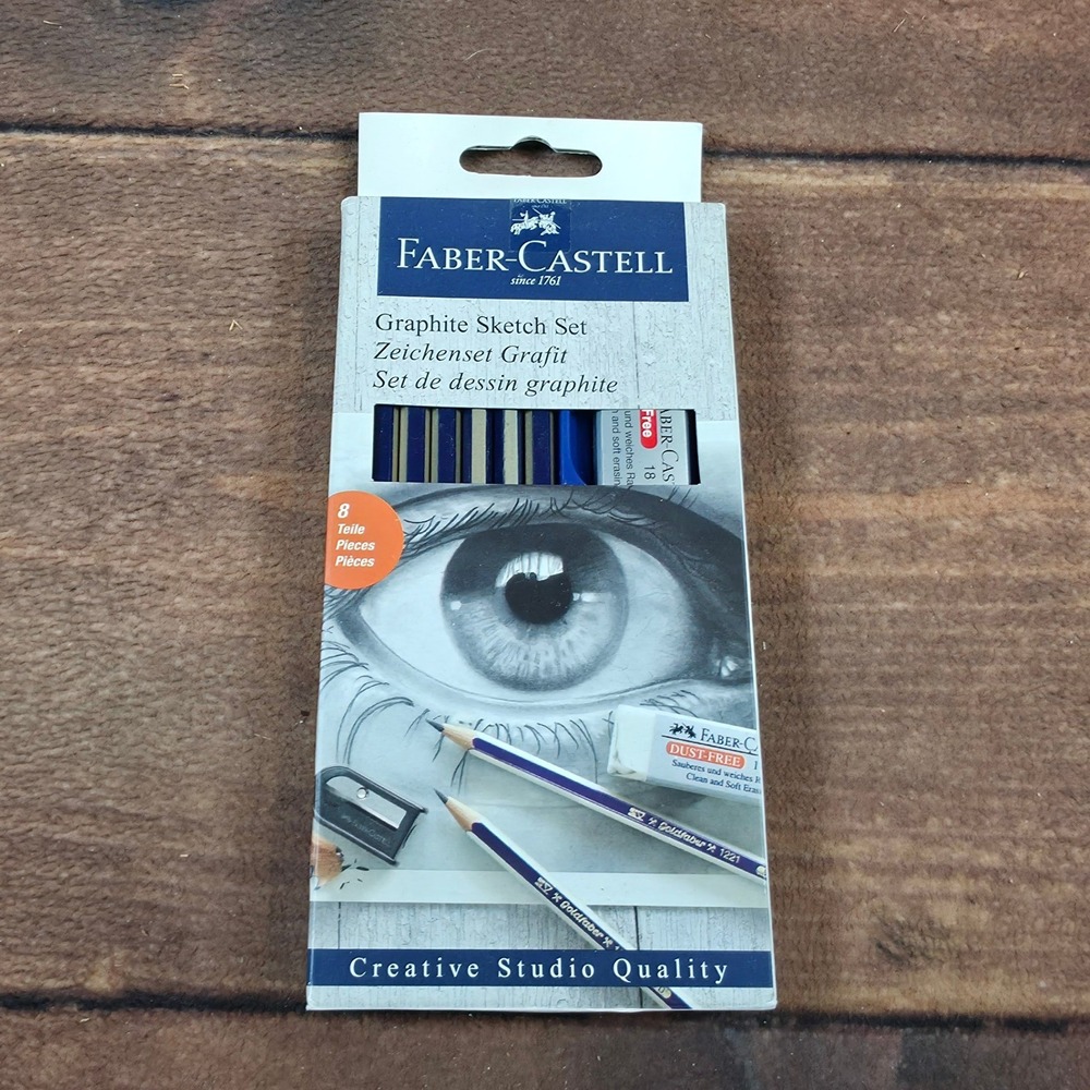 Faber-Castell Graphite Sketch Set 8 Piece Blue New SV-Bonded Pencils Sharpener